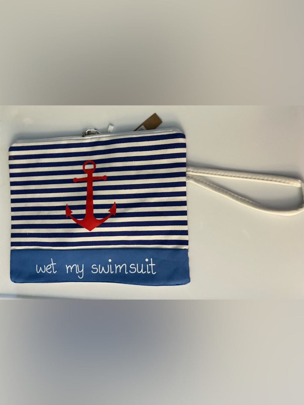 Striped Navy & White Wristlet Pouch with Red Anchor
